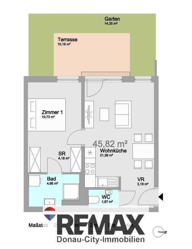 Detaillierter Grundriss einer Wohnung mit Wohnküche, Zimmer, Bad, WC, Terrasse und Garten.