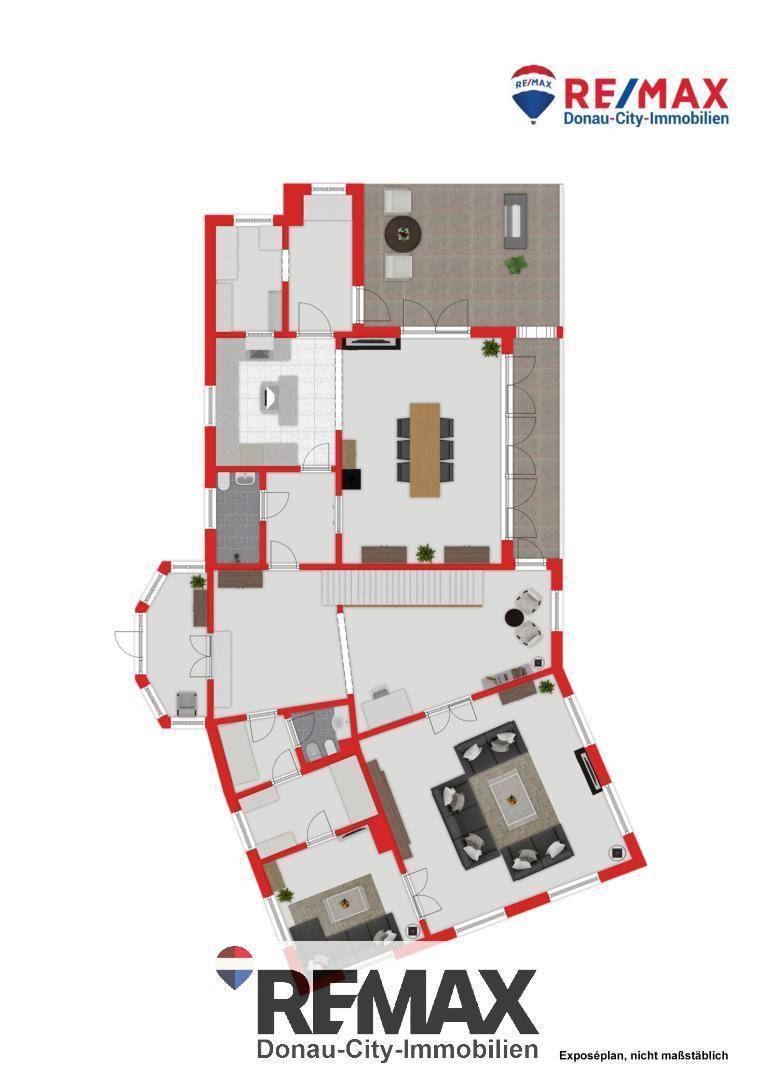 Detaillierter Grundriss des Erdgeschosses mit offenem Wohnbereich und Terrasse.