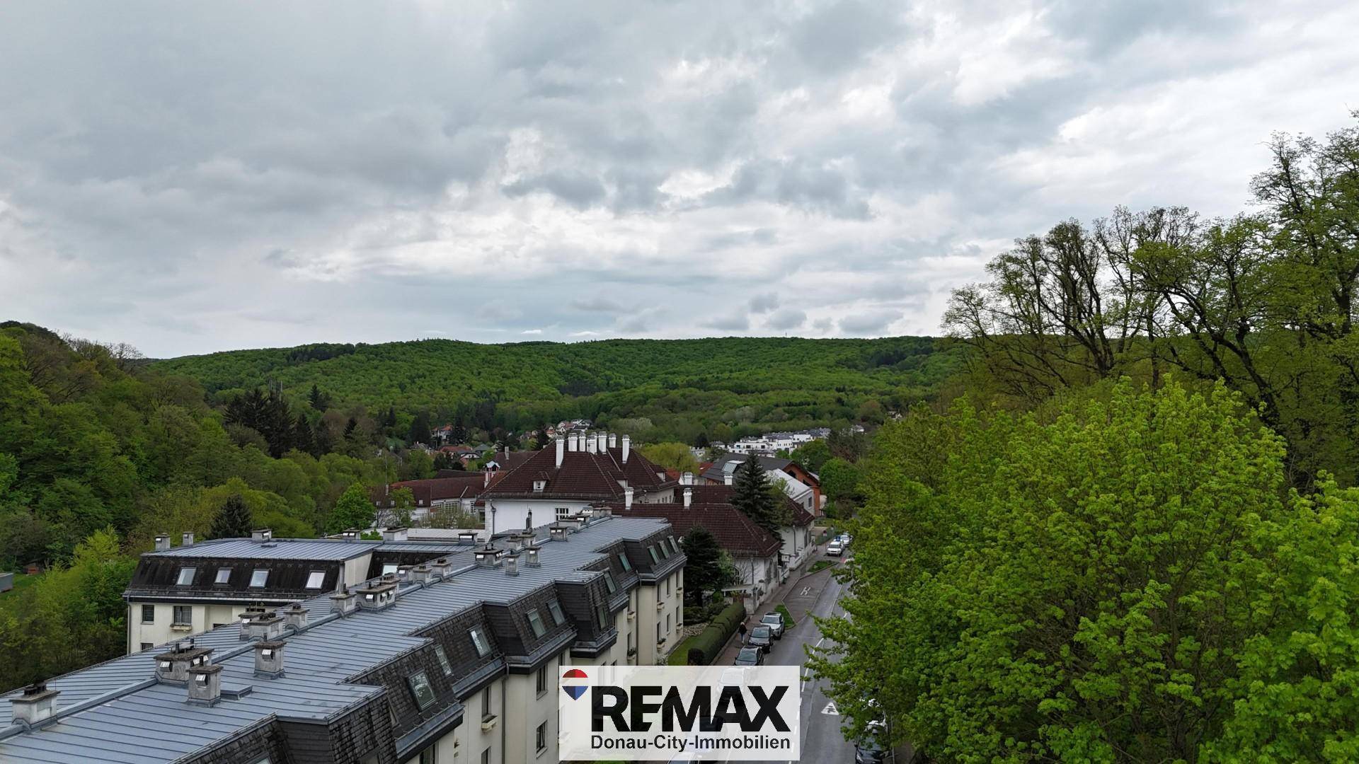 Weitläufiger Blick über eine grüne Hügellandschaft und angrenzende Wohngebäude.