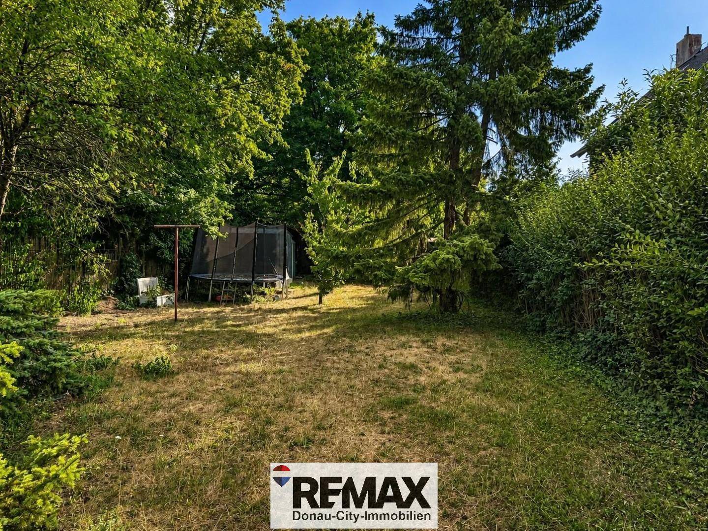 Grüner Gartenbereich mit Rasenfläche, Bäumen und einem Trampolin für Freizeitaktivitäten.