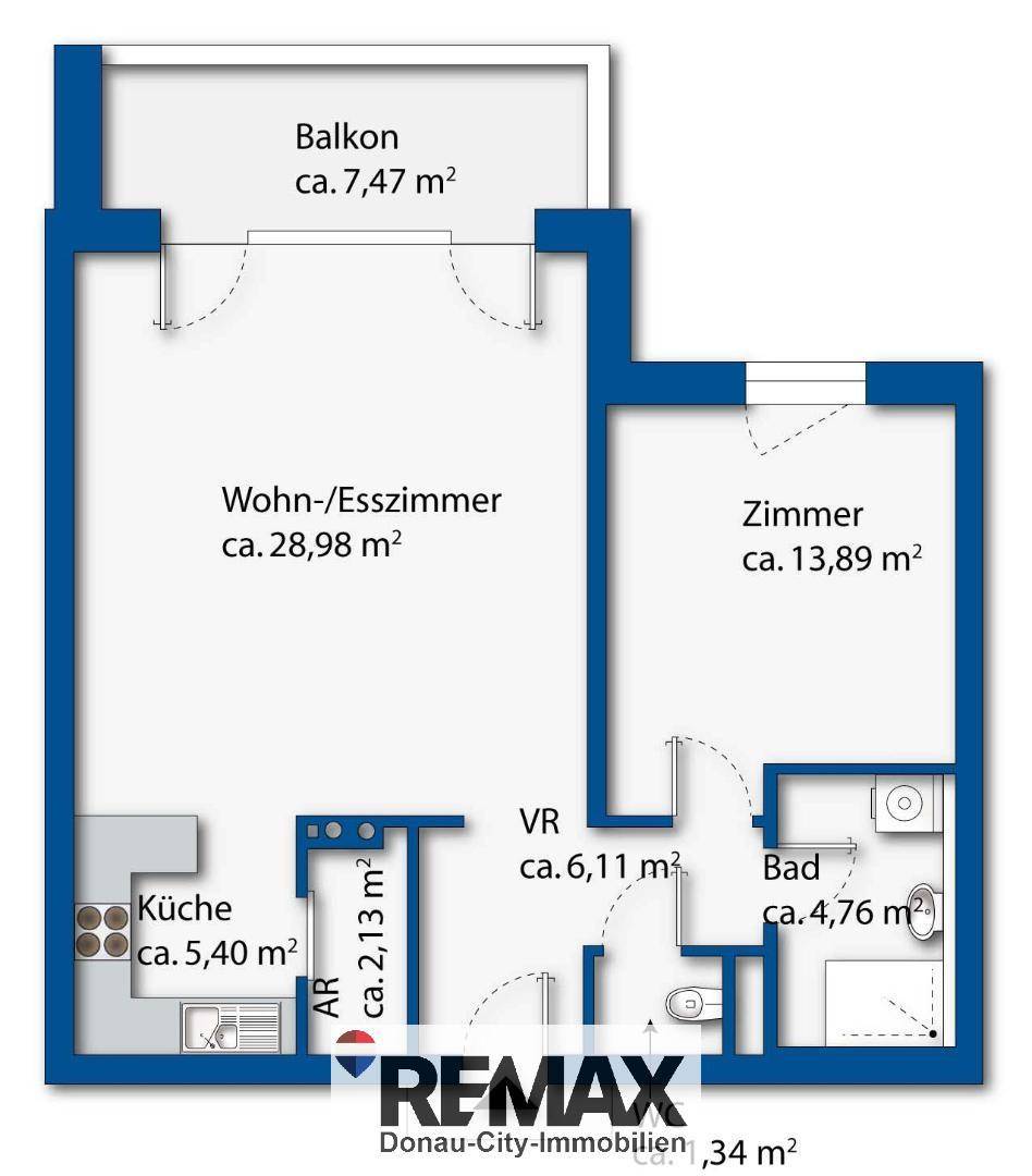Grundriss einer Wohnung mit Wohn-/Esszimmer, Küche, einem weiteren Zimmer und Balkon.