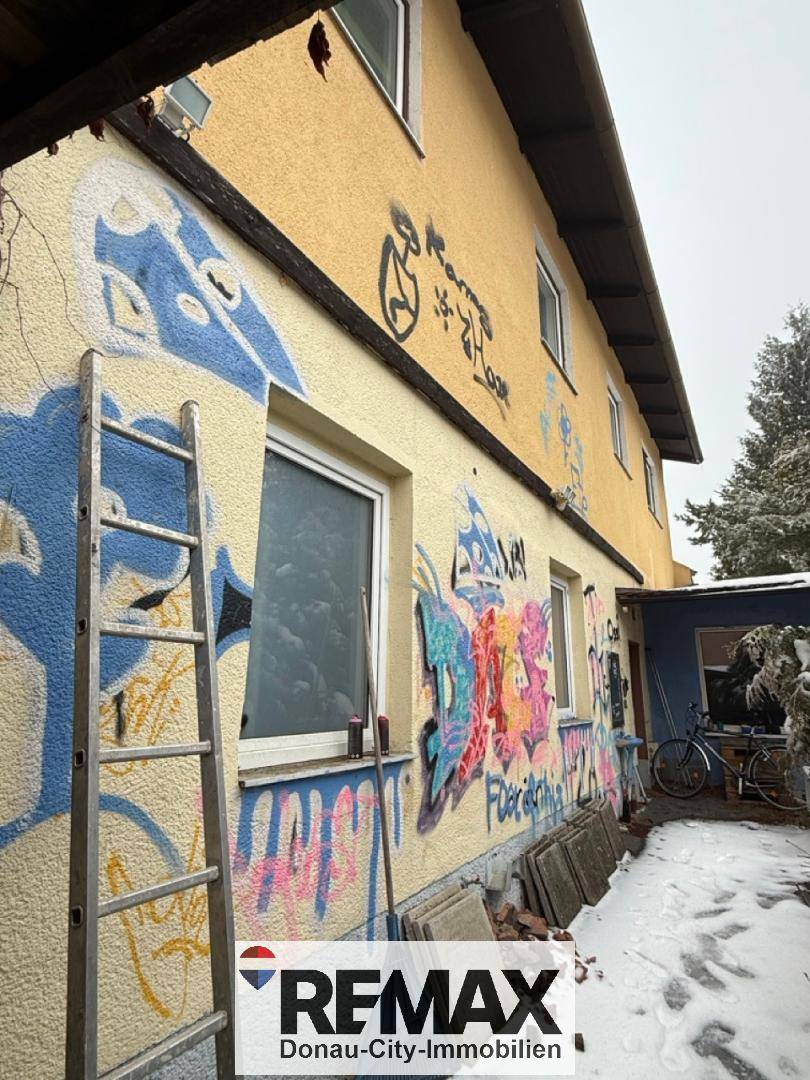 Seitenansicht des Hauses mit Graffiti an der Fassade und einer Leiter davor, im Winter.