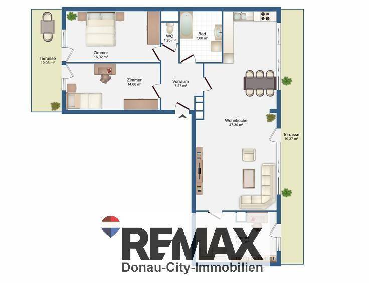 Detaillierter Grundriss der Wohnung mit Wohnküche, Schlafzimmern und Terrassen.