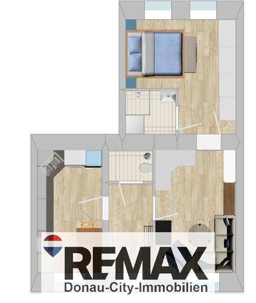 Grundriss einer Wohnung mit Schlafzimmer, Bad und offenem Wohnbereich.