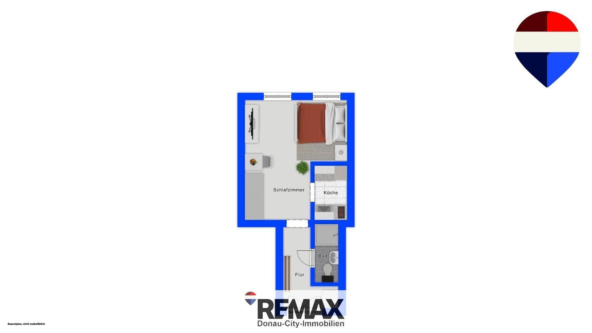 Grundriss einer kleinen Wohnung mit offenem Wohnbereich, Schlafzimmer, Küche und Bad.