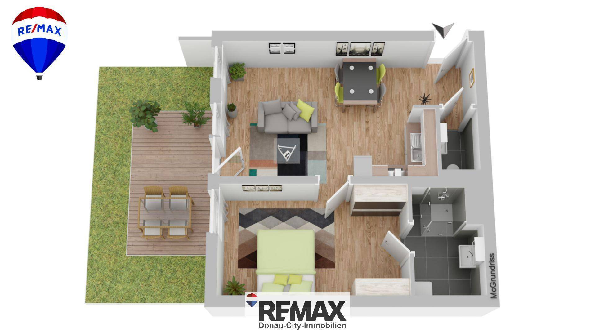 3D-Grundriss einer Wohnung mit offener Wohnküche, Schlafzimmer, Bad, Terrasse und Garten.