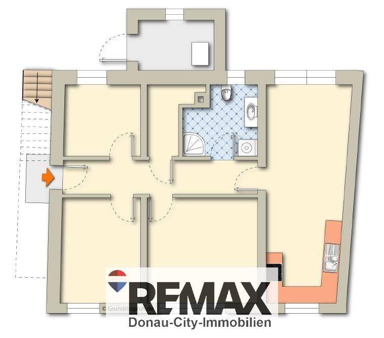 Klarer Grundriss des Erdgeschosses mit Raumaufteilung für Küche, Bad und Schlafzimmer.