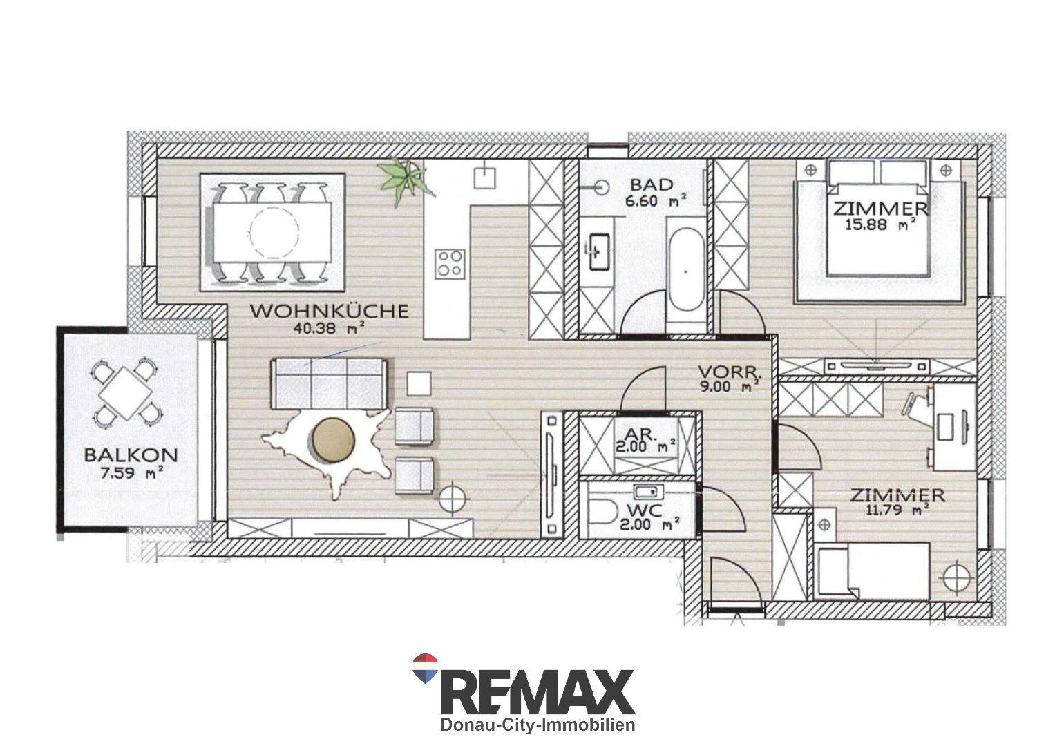 Detaillierter Grundriss einer Wohnung mit offener Wohnküche, zwei Zimmern und Balkon.