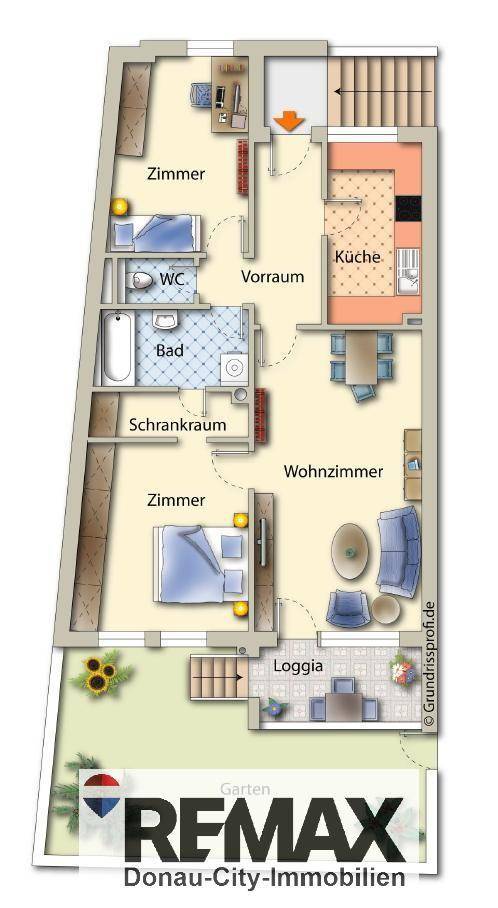 Möblierter Grundriss mit Wohnzimmer, zwei Zimmern, Bad, WC und Loggia mit Garten.