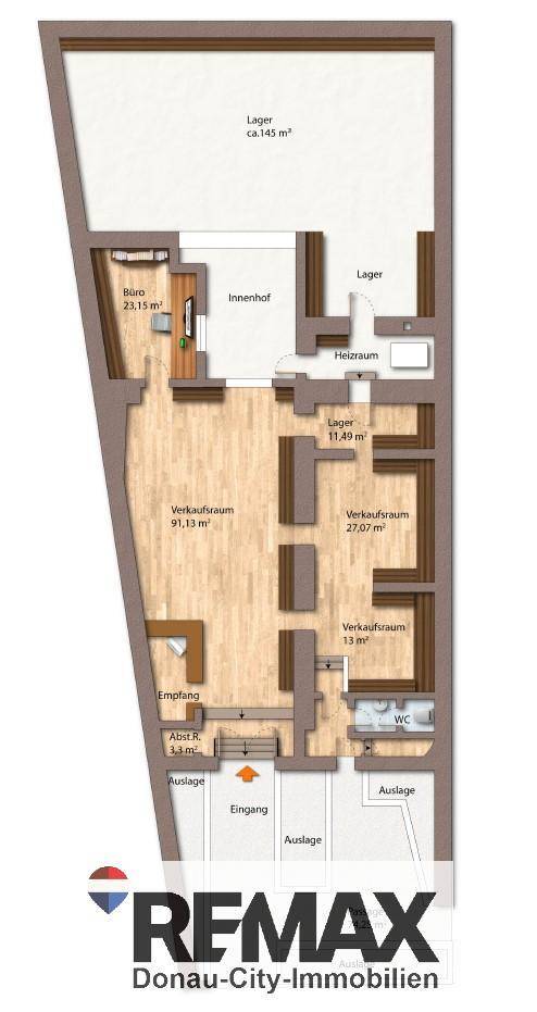 Detaillierter Grundriss eines Geschäfts mit Verkaufsräumen, Büro und Lagerflächen.