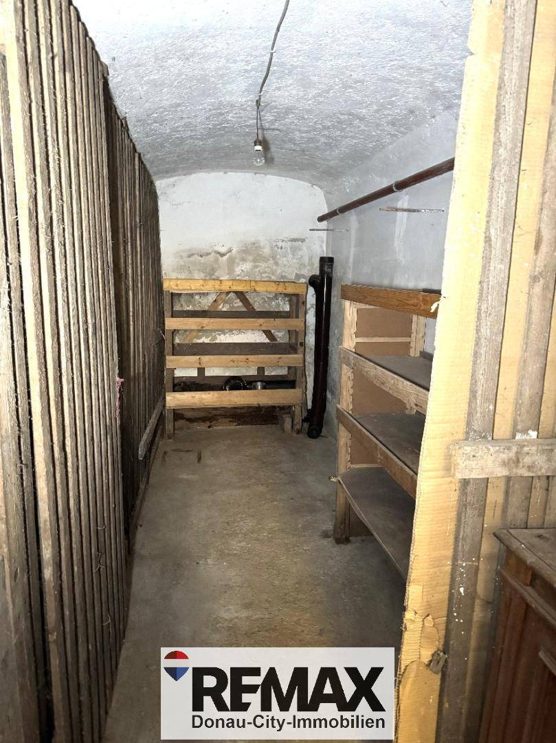Unausgebauter Kellerraum mit einfachen Holzregalen und Betonboden, ideal als Stauraum.
