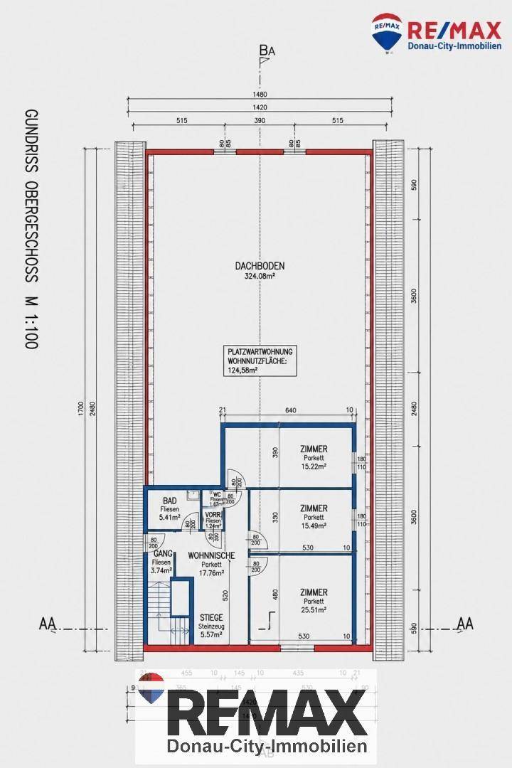 Grundriss des Obergeschosses mit einer Wohnung, Dachboden und mehreren Zimmern.
