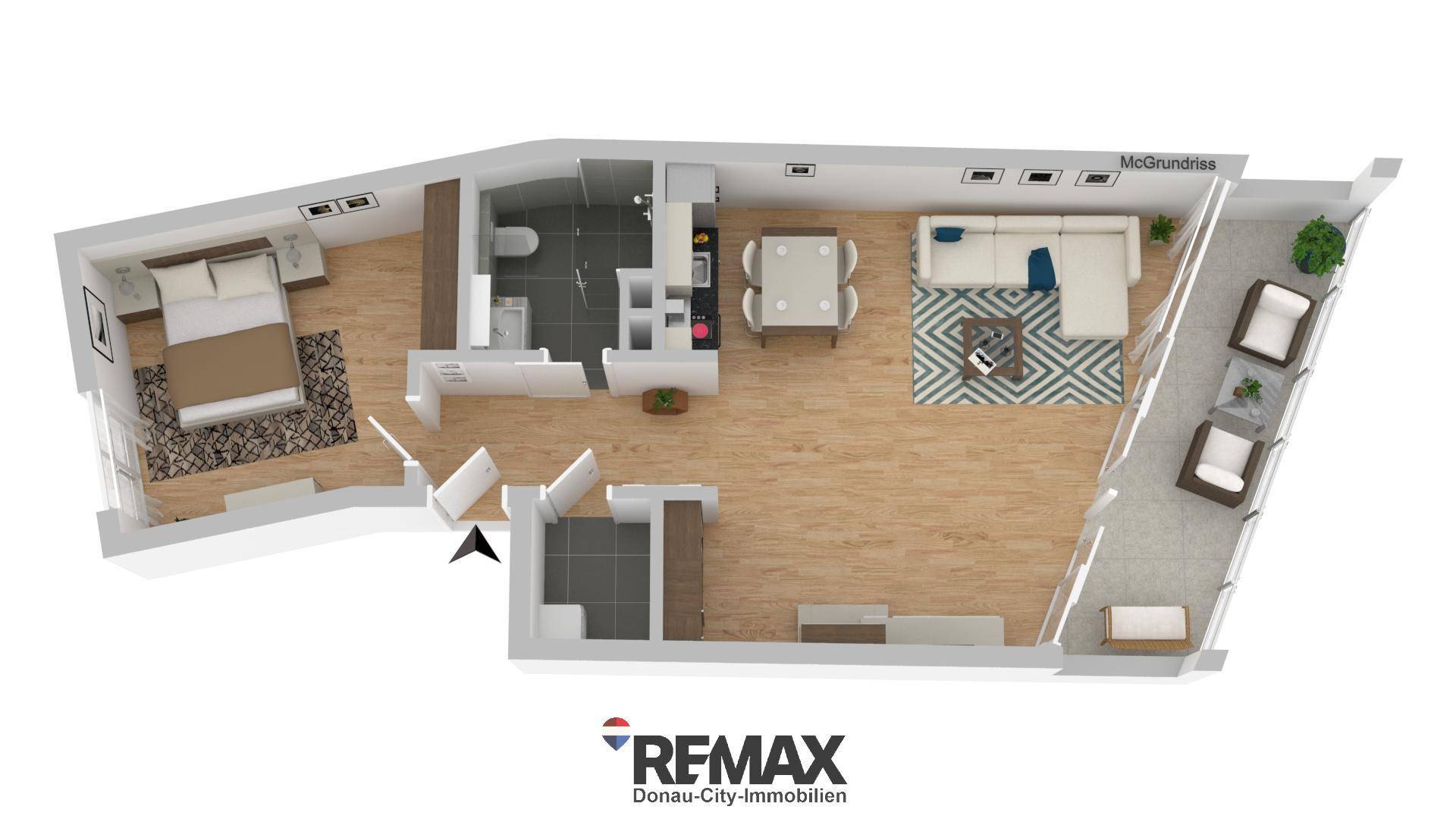 3D-Grundriss einer Wohnung mit Schlafzimmer, Bad, Wohnbereich und Balkon.