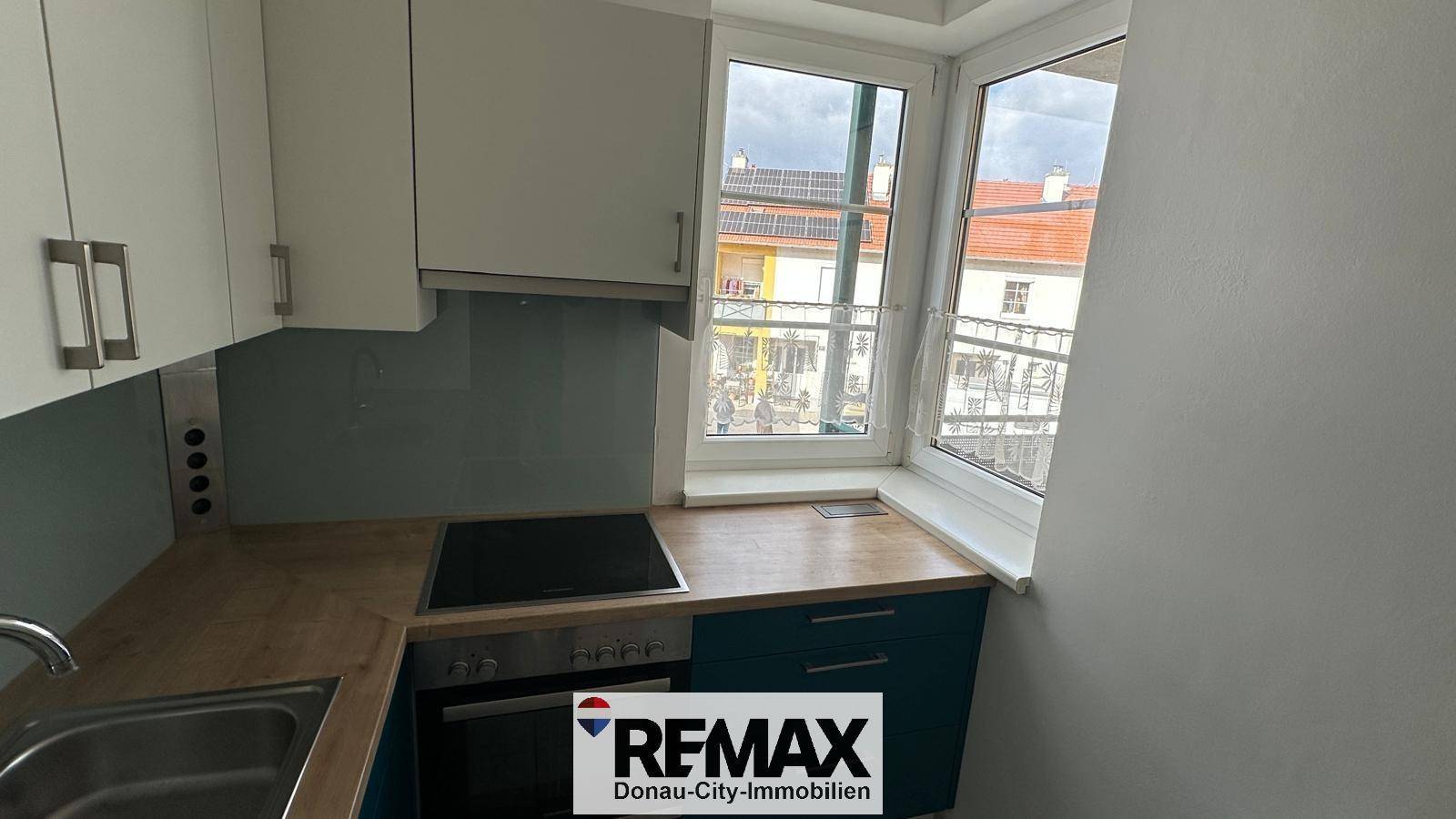 Detailansicht der Küche mit Spüle, Induktionskochfeld, Backofen und Holzarbeitsplatte.