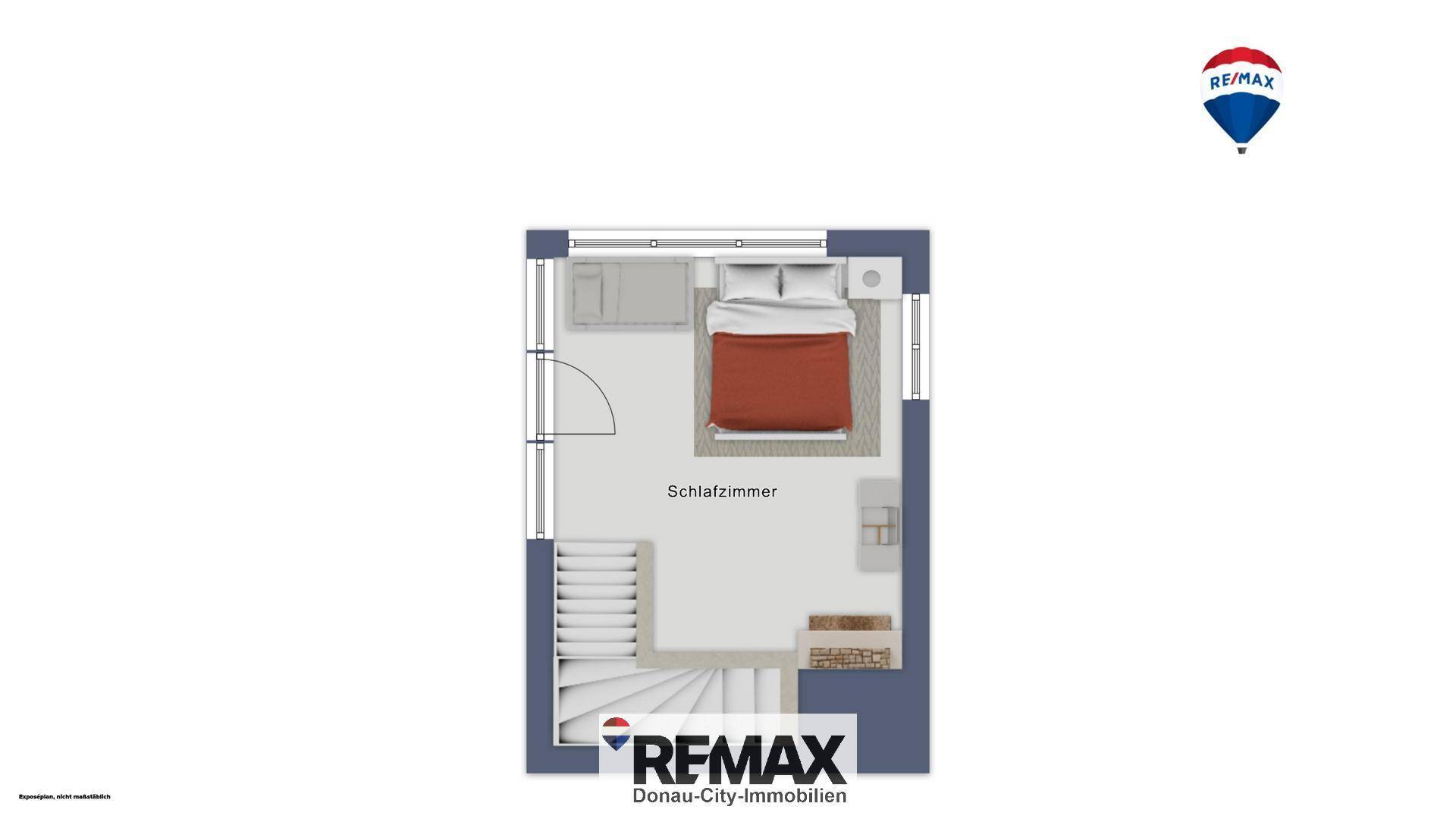 Grundriss eines Schlafzimmers mit Treppenzugang und Kamin.