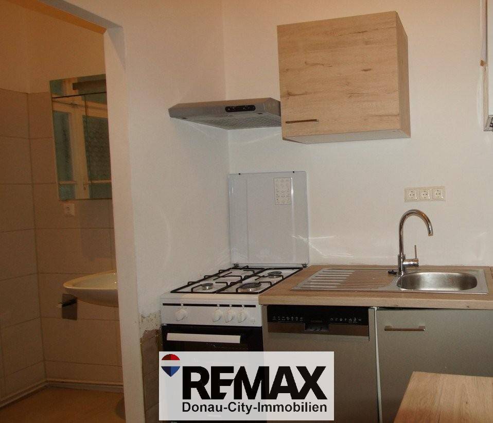 Funktionale Küchenzeile mit Gasherd, Spüle, Dunstabzugshaube und Holzoptik-Schränken.