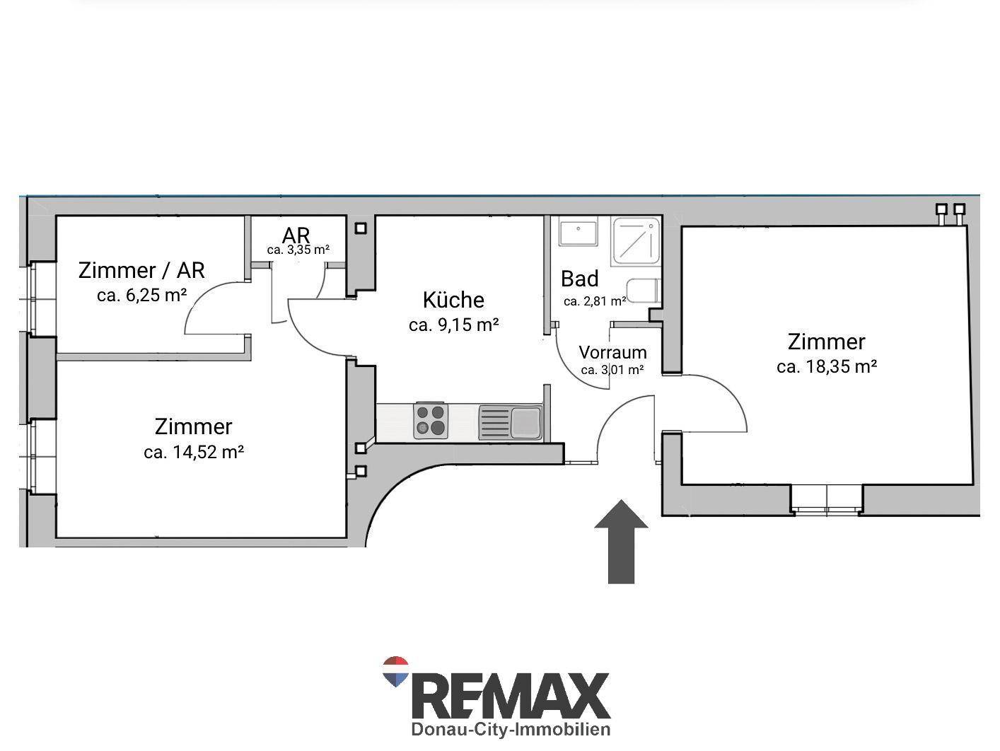Grundrissplan mit mehreren Zimmern, Küche, Bad und Abstellraum, inklusive Flächenangaben.