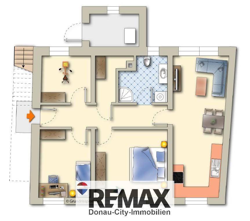 Detaillierter Grundriss mit Möblierungsvorschlägen für Wohnzimmer, Schlafzimmer und Bad.
