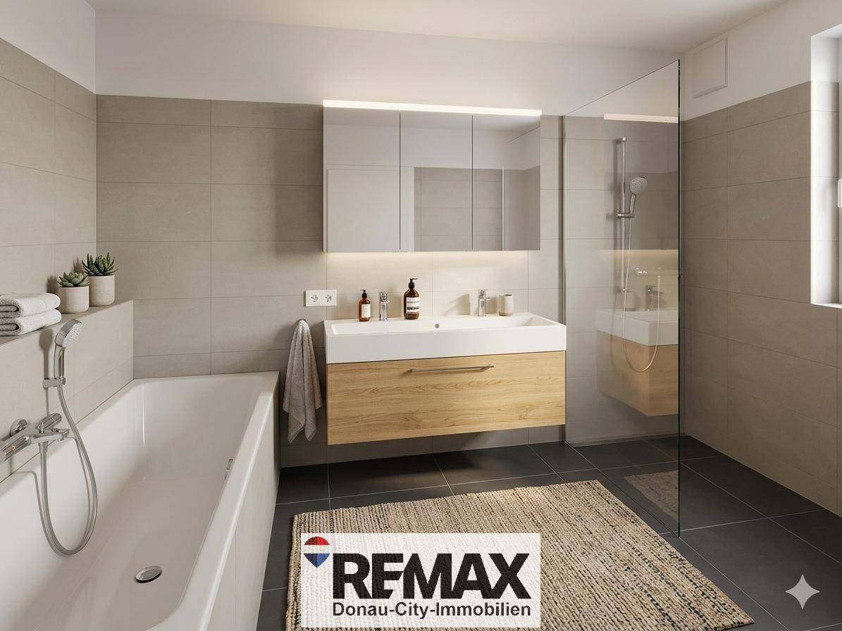 Modernes Badezimmer mit Badewanne, Dusche, Doppelwaschbecken und eleganten Fliesen.