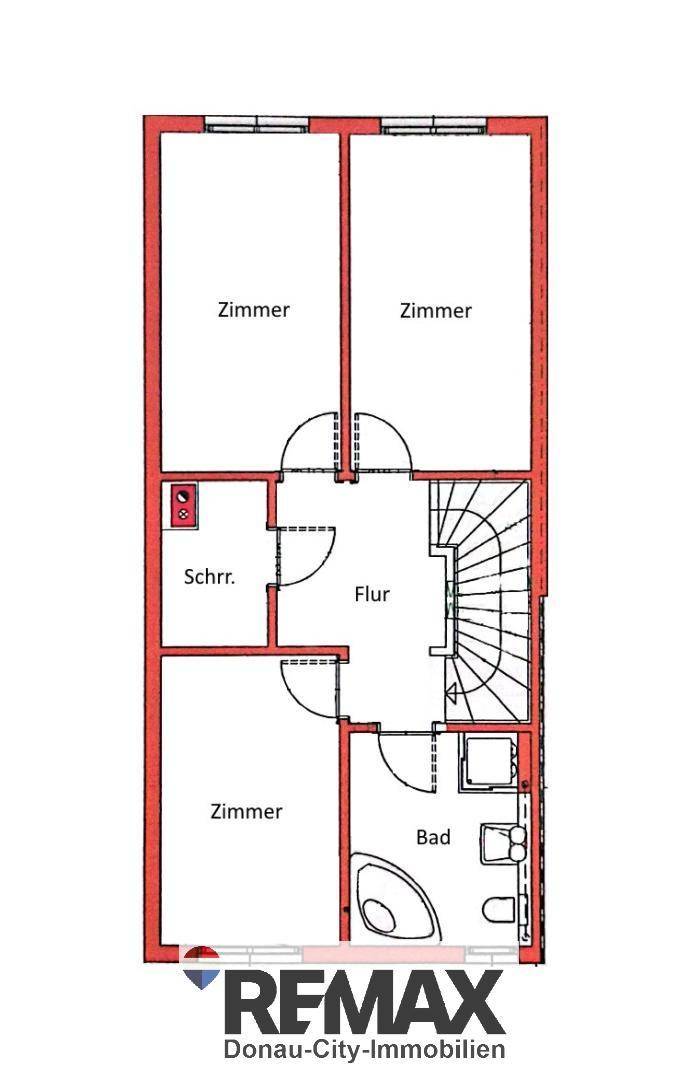 Grundriss des Obergeschosses mit drei Zimmern, Flur und Badezimmer.
