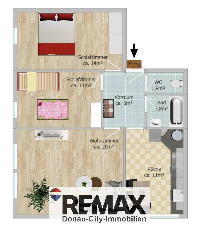 Detaillierter Grundriss mit zwei Schlafzimmern, Wohnzimmer und separater Küche.