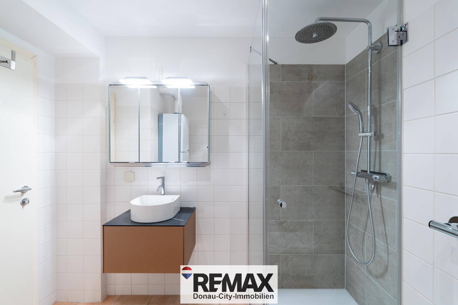 Modernes Badezimmer mit begehbarer Dusche, Einzelwaschbecken und Spiegelschrank.