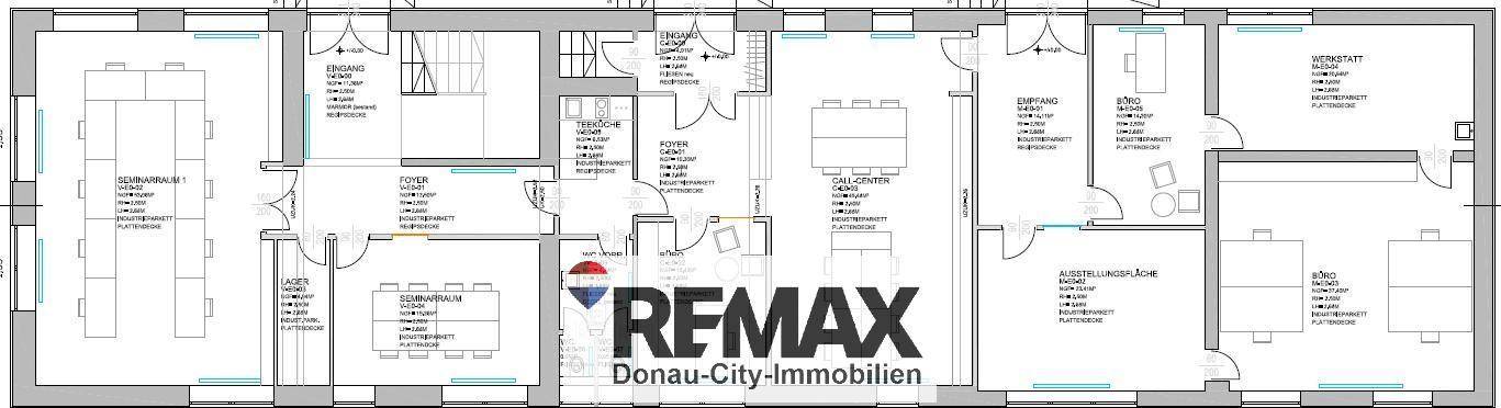 Grundrissplan einer Gewerbeimmobilie mit verschiedenen Büroräumen und Konferenzbereichen.