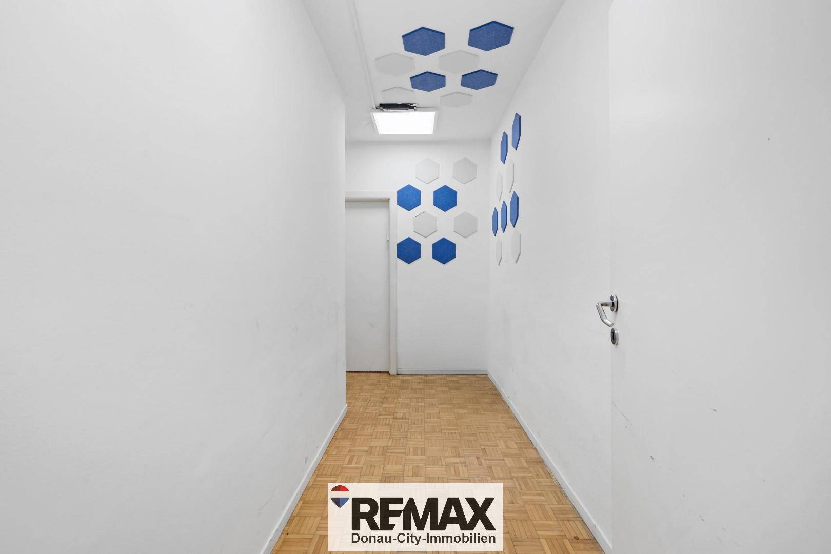 Flur mit Parkettboden und weißen Wänden, verziert mit blauen und grauen sechseckigen Paneelen an Wand und Decke.