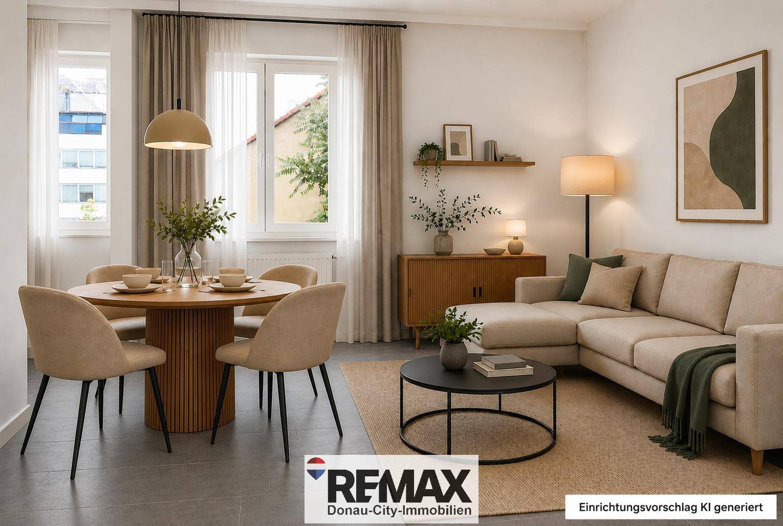 Visualisierung eines gemütlichen Wohn-Essbereichs mit Sofa, Esstisch und moderner Dekoration.