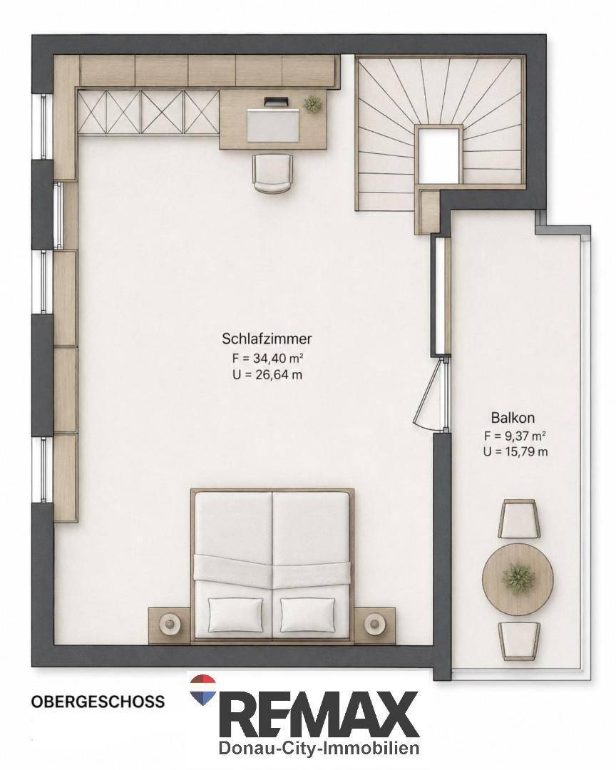 Grundriss des Obergeschosses mit großem Schlafzimmer, integriertem Arbeitsbereich und Balkon.