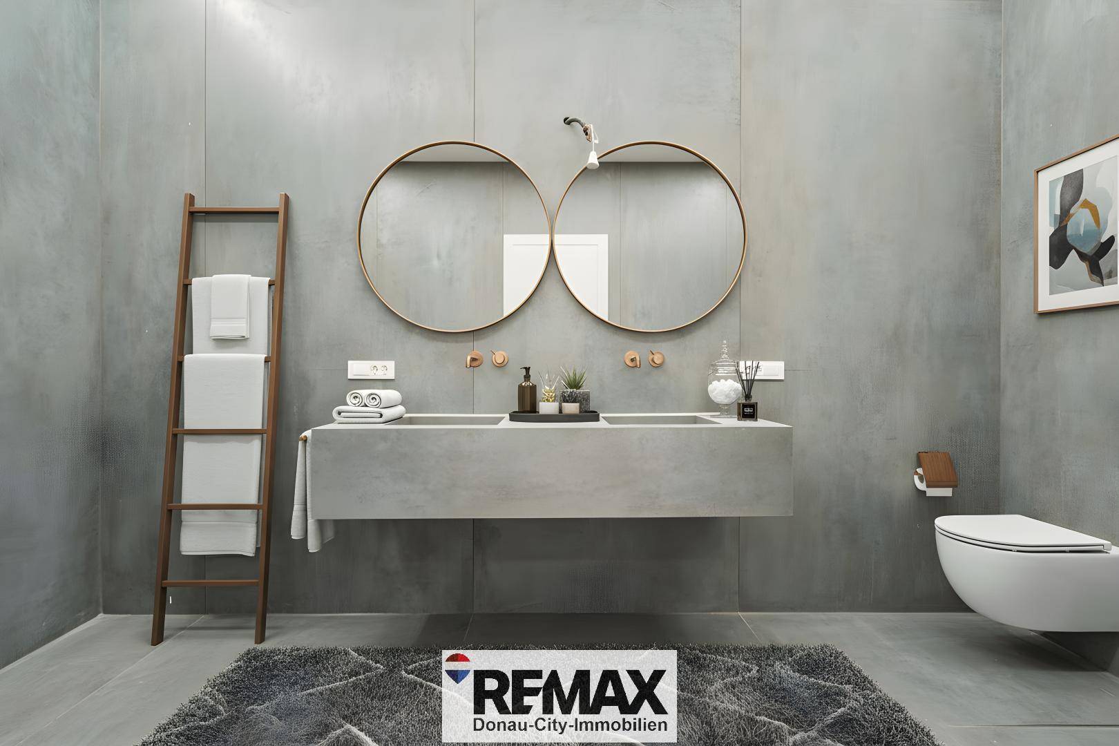 Elegantes Badezimmer mit Doppelwaschbecken, runden Spiegeln und modernen Armaturen.