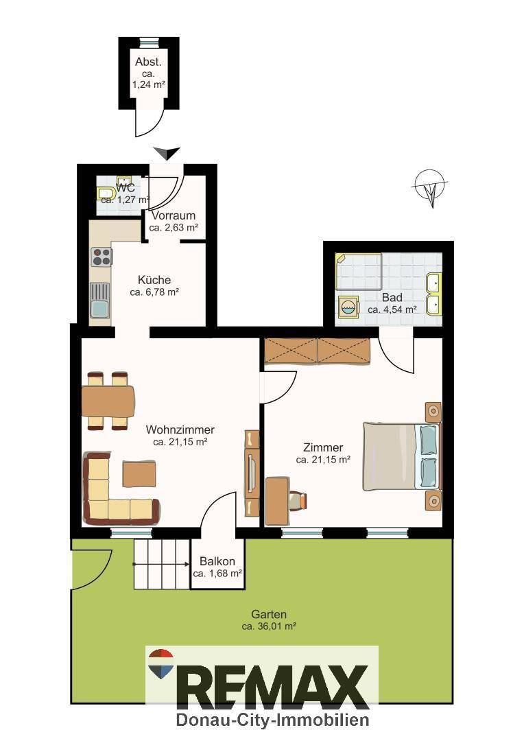 Grundriss der Wohnung mit Wohnzimmer, Schlafzimmer, Küche, Bad und Garten.