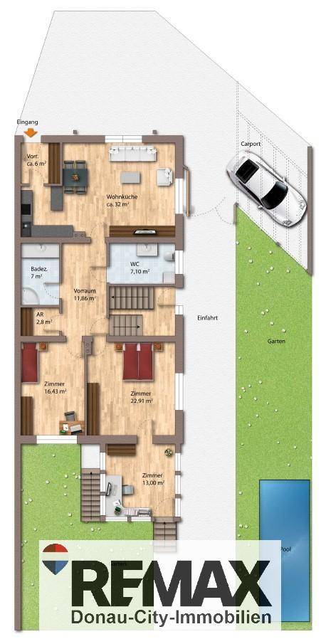 Grundriss des Obergeschosses mit mehreren Zimmern, Carport und Gartenansicht.