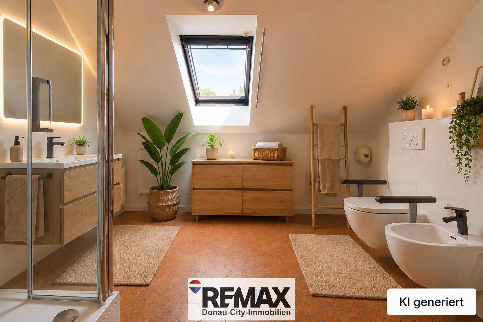 Modernes Badezimmer im Dachgeschoss mit Dusche, Bidet und Dachfenster, hell und geräumig.