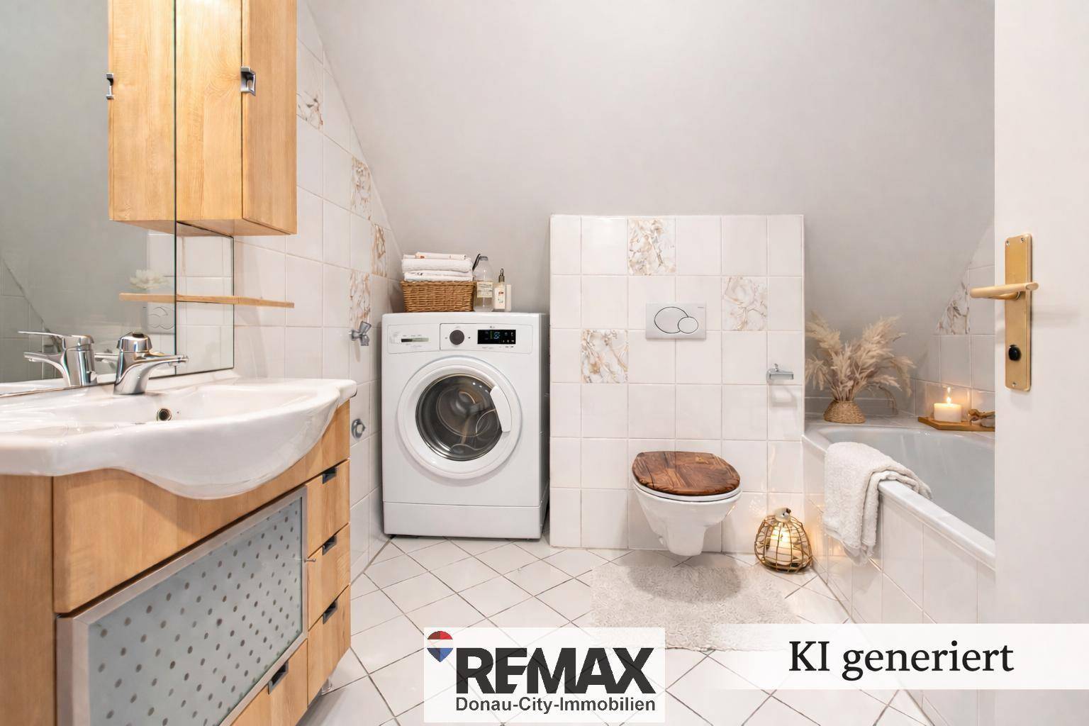 Geräumiges Badezimmer mit Badewanne, Waschmaschine und Dachschräge.