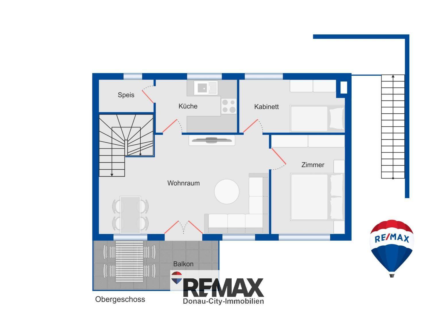 Grundriss des Obergeschosses mit Wohnraum, Küche, Schlafzimmer und Balkon.
