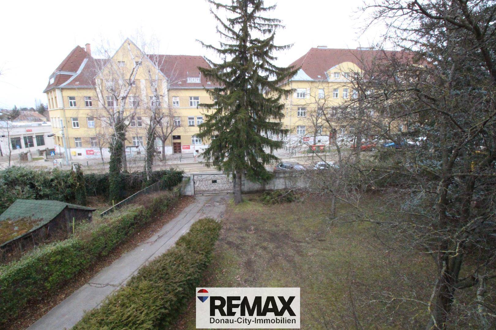 Überblick über das Grundstück mit Garten, Zufahrt und umliegenden Gebäuden.
