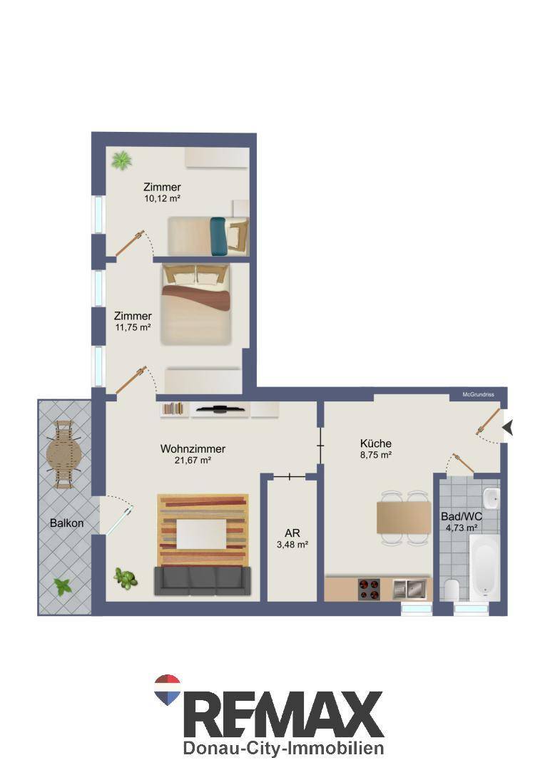 Grundriss einer Wohnung mit Wohnzimmer, zwei Zimmern, Küche, Bad und Balkon.