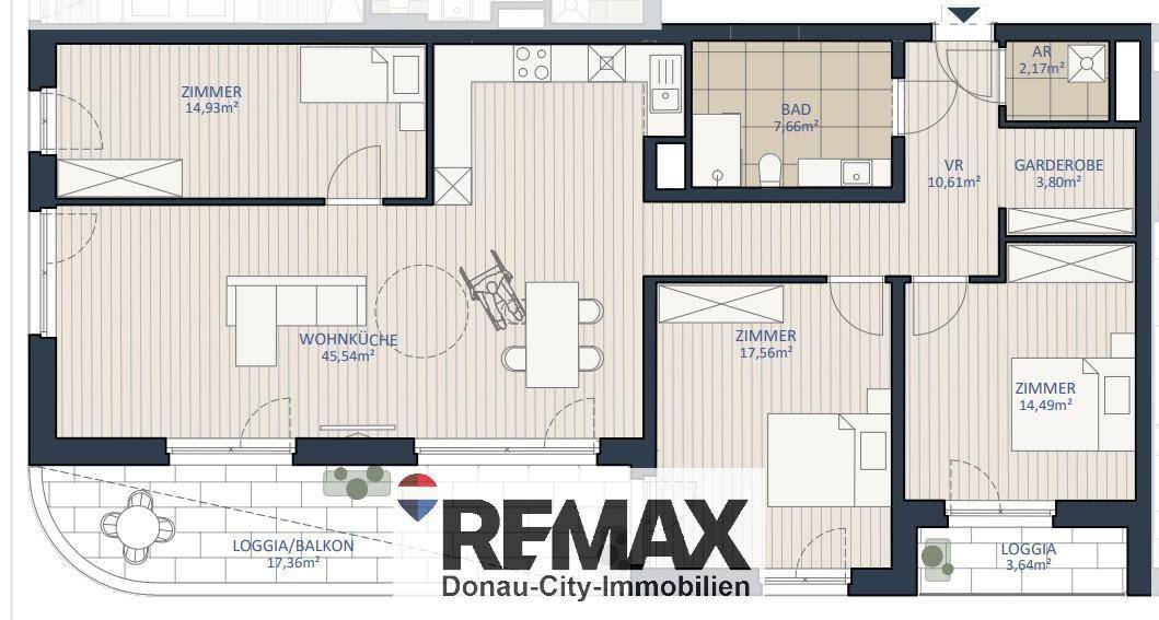 Grundriss einer Wohnung mit mehreren Zimmern, Bad, Garderobe und großer Loggia.