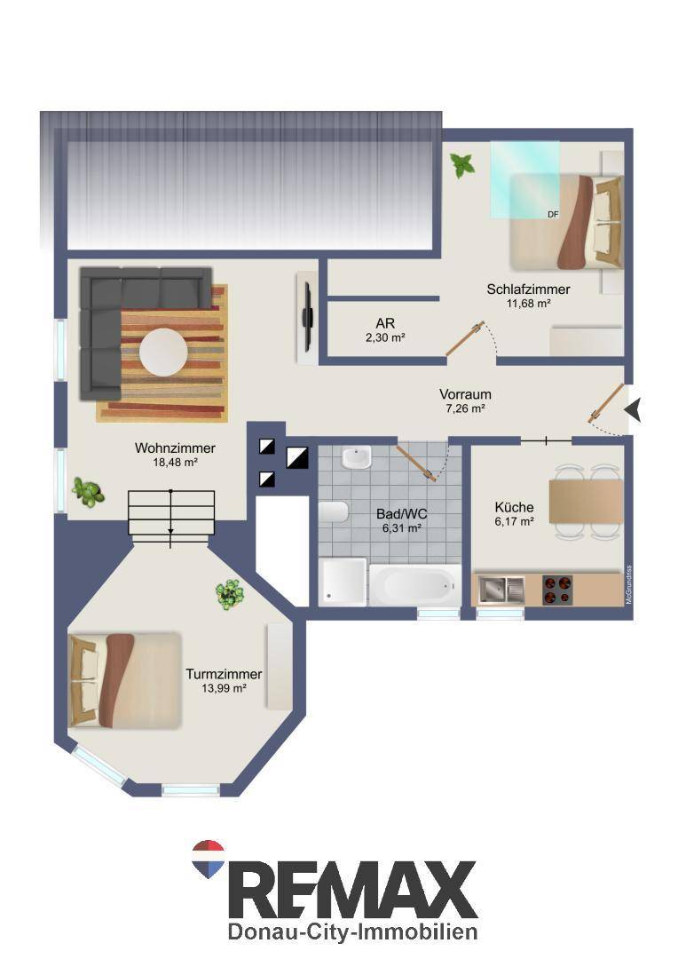 Grundriss einer Wohnung mit Wohnzimmer, Schlafzimmer, Turmzimmer, Küche und Bad.