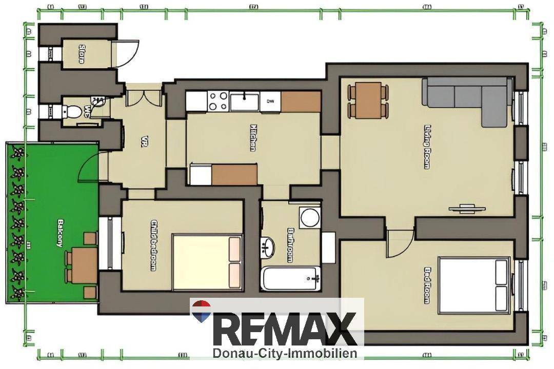 Grundriss der Wohnung mit Balkon, zwei Schlafzimmern und offenem Wohnbereich.