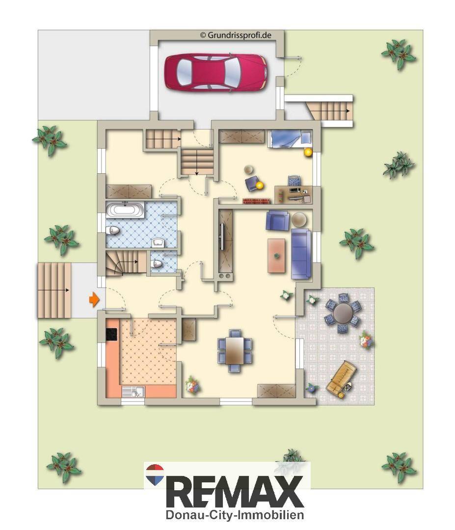 Detaillierter Grundriss des Erdgeschosses mit offenem Wohnbereich, Küche, Esszimmer, Badezimmer und integrierter Garage.