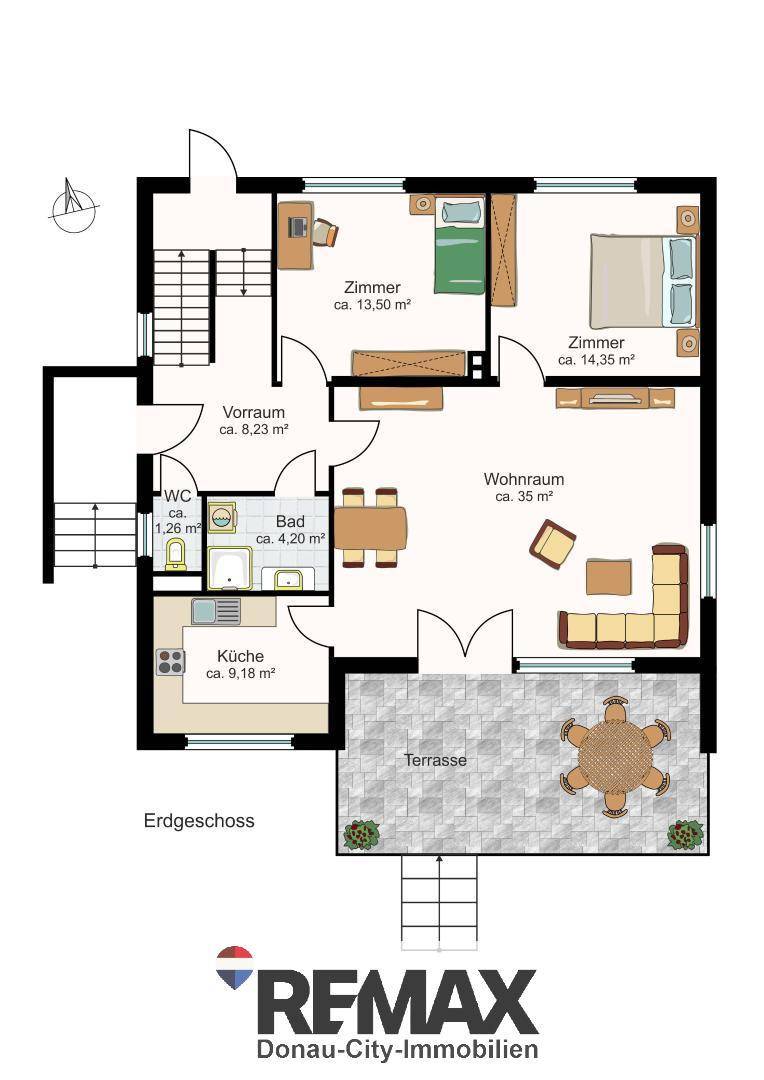 Grundriss des Erdgeschosses mit Wohnraum, Küche, Bad, WC und einer großzügigen Terrasse.