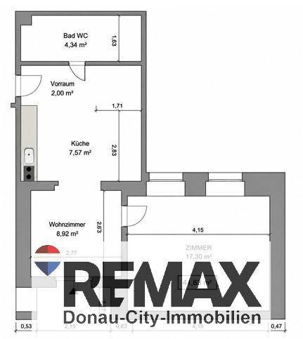 Grundriss der Wohnung mit Wohnzimmer, Küche, Schlafzimmer und Bad WC.