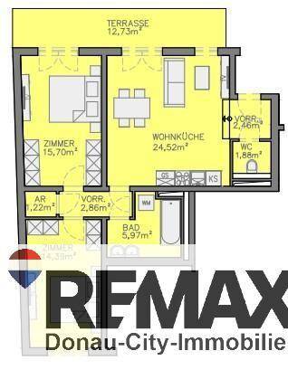 Detaillierter Grundriss mit Wohnküche, zwei Zimmern, Bad, WC und Terrasse.
