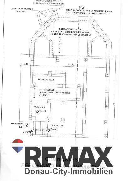 Grundriss des Kellergeschosses mit Lagerkeller und Fundamentdetails des Gebäudes.