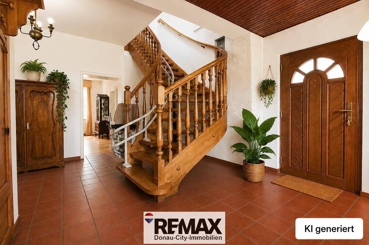 Geräumiger Eingangsbereich mit einer eleganten Holztreppe und Terrakotta-Fliesenboden.