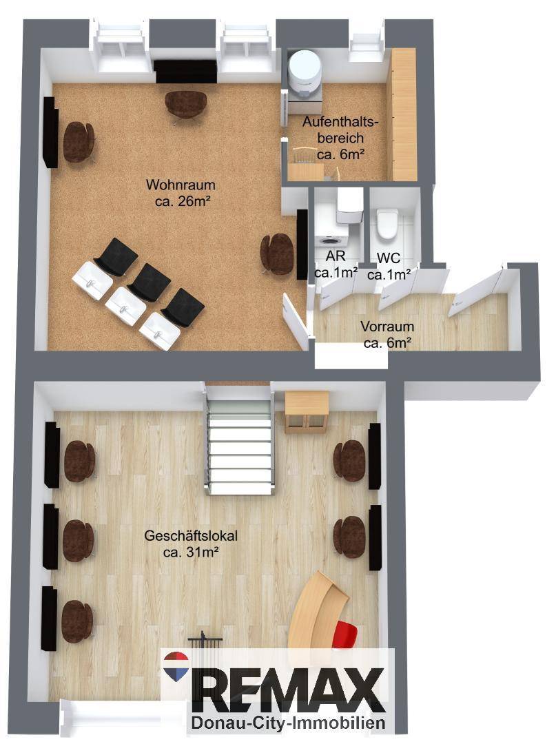 3D-Grundriss zeigt ein Geschäftslokal im Erdgeschoss und einen Wohnbereich mit WC im Obergeschoss.