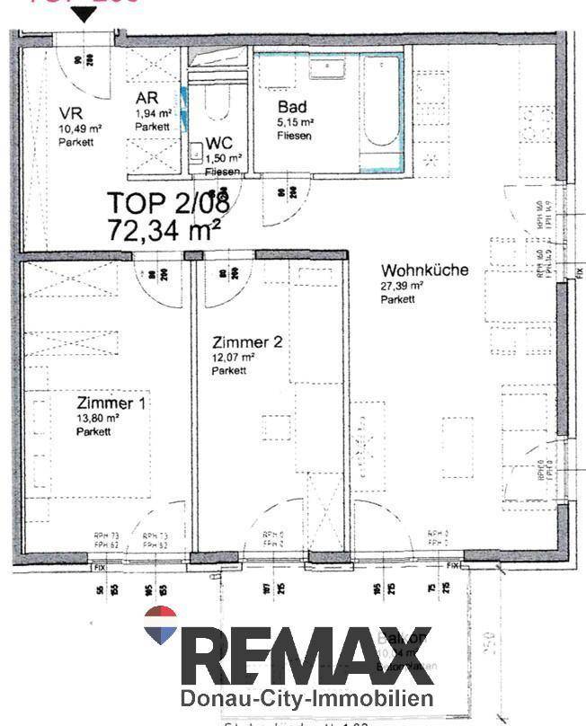Grundriss der Wohnung TOP 2/08 mit 72,34 m², zeigt Wohnküche, zwei Zimmer und Bad.