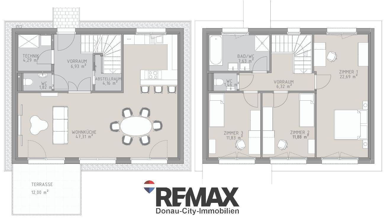 Grundrisspläne für Erdgeschoss und Obergeschoss mit offenem Wohnbereich und Terrasse.